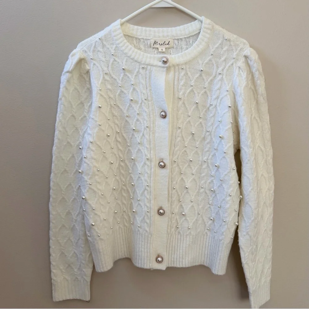 Marled Cable Knit Off White Cardigan Sweater with Pearl Details, Sz S